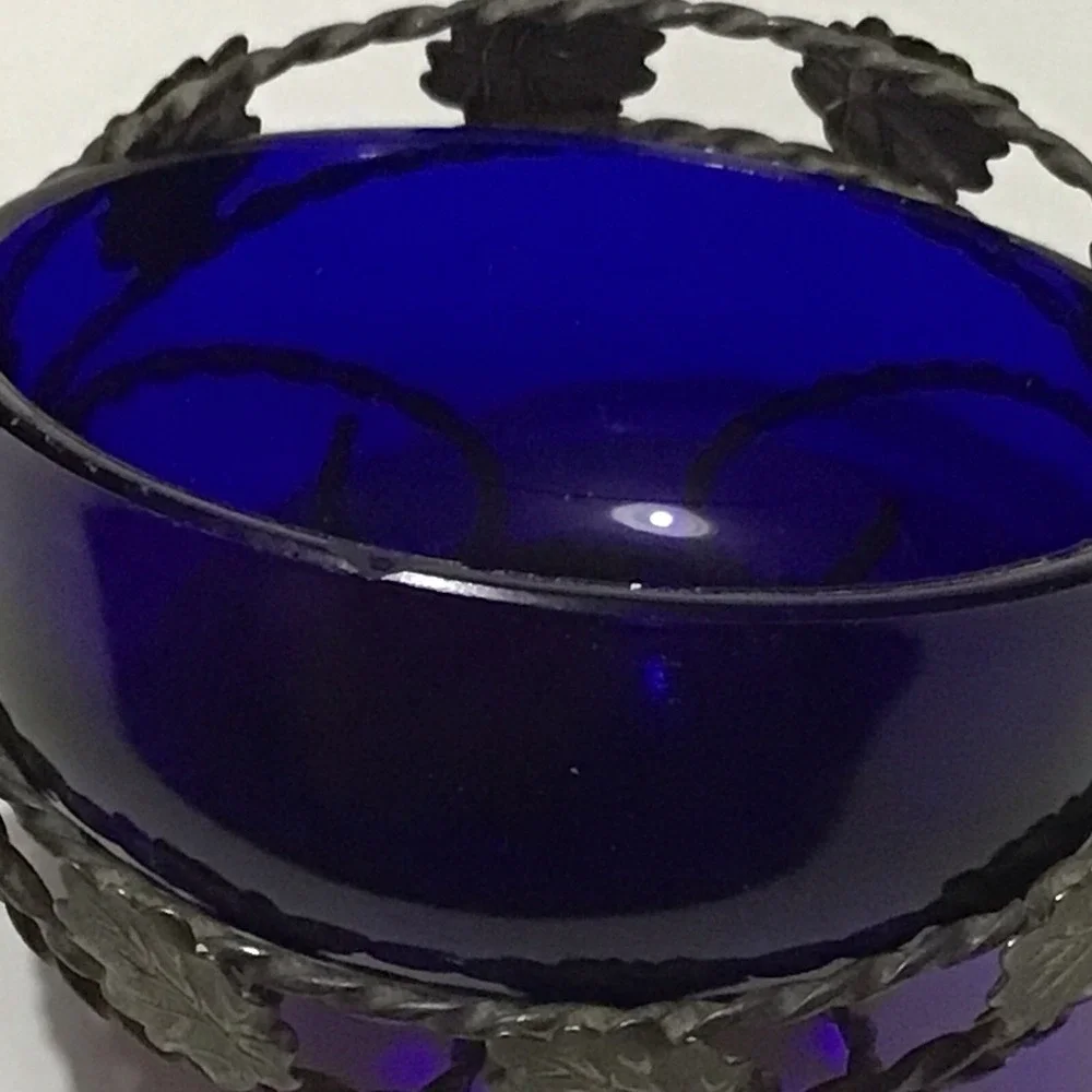 Vintage Cobalt Blue Glass Condiment‎ Dish In Metal Carrier made in England